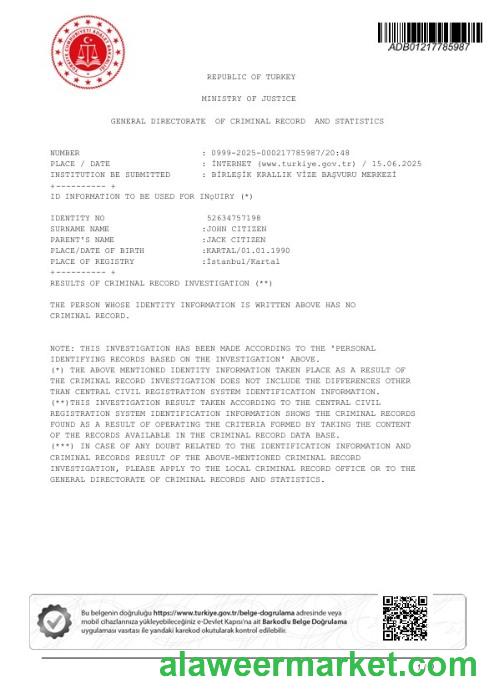 Turkey Ministry of Justice Criminal Record Certificate